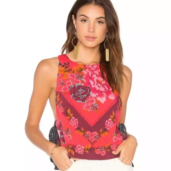 Free People Tops - Free People L This Sweet Love Crop Tie Sides Top Red Pink Floral Sleeveless Tank